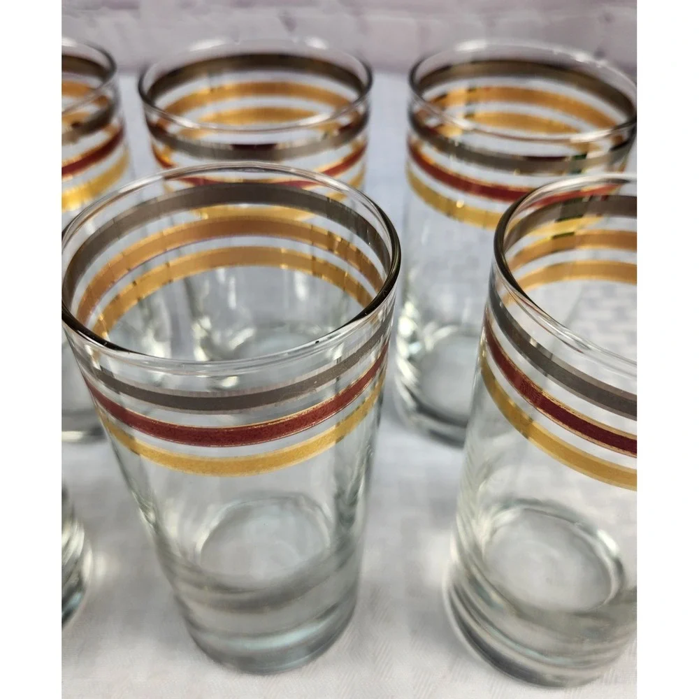 Set Of 8 Culver LTD Gold Banded Rondo 12 Oz. MCM Tall Drinking Bar Glasses 5.5